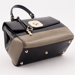 Hand bag, Jewell Black, and beige, shiny leather, made in Italy