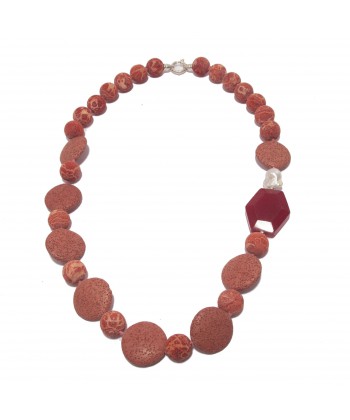 Collar, Julia, piedra de lava, río de las perlas, la raíz de ruby y de plata, hecho en Italia, edición limitada