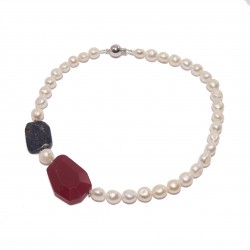 Collar, perlas, Oro, raíz de ruby, lapislázuli azul y plata, hecho en Italia, edición limitada