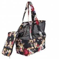 Shoulder bag, Estella Black with Flowers, Fabric