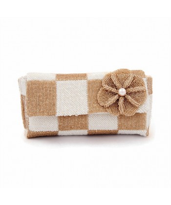 Bag clutch, Antonella, White, and beige, satin and beading